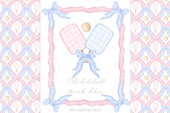 Watercolor Pickleball Clipart, Pink Blue Vintage Invite (Digital Download)