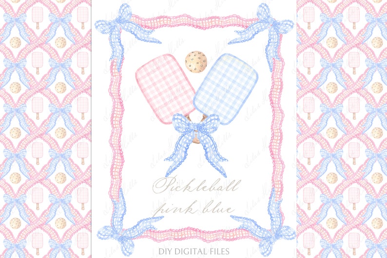 May include: A digital download of two watercolour illustrations of pink and blue pickleball paddles with a white background. The paddles are decorated with a gingham pattern and are tied together with a blue bow. The text "Pickleball pink blue" is written in cursive below the paddles. The text "DIY DIGITAL FILES" is written below the cursive text.