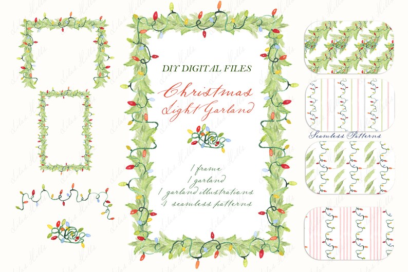 May include: Watercolor illustrations of Christmas light garlands and frames. The image includes a rectangular frame, a garland, and several seamless patterns. The text "DIY DIGITAL FILES" and "Christmas Light Garland" are also visible.