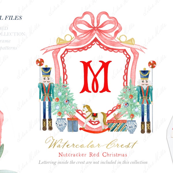 Nutcracker Red Blue Christmas Watercolor Crest DIY Family Red Bow Digital papers Watercolor Clipart Grand millennial