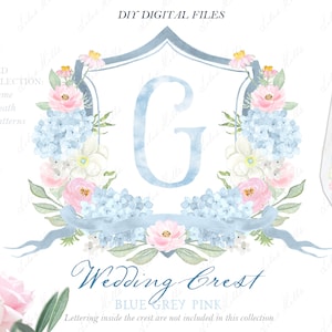 Casamento, família, crista, diy, azul, cinza, rosa, papéis digitais, aquarela Clipart
