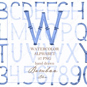 Bamboo Watercolor Alphabet, Blue Calligraphy Letters (PNG Digital ...