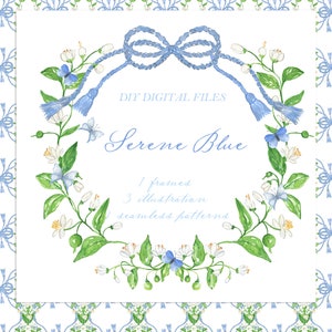 Serene Blue Watercolor Jasmine Flowers Borboleta azul DIY Digital Clipart. Molduras de papel digital