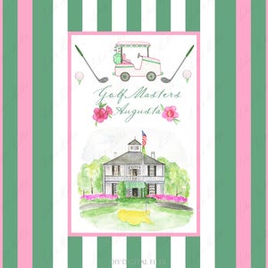 Clipart Maîtres de golf Augusta, cadre aquarelle rose vert. Voiture de golf vintage Clipart numérique bricolage