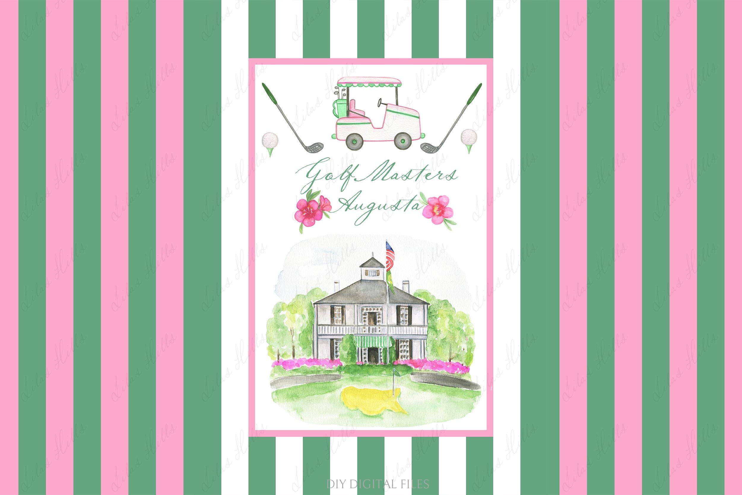Golf Masters  Augusta Clipart, Green Pink Watercolor Frame. Golf car Vintage  DIY Digital Clipart