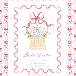 Boho Primavera Páscoa DIY Digital Rosa Molduras Onduladas Aquarela Clipart Grand millennial