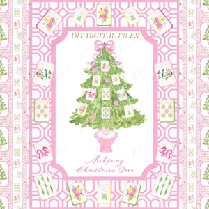 May include: A digital file with a watercolour illustration of a Christmas tree adorned with Mahjong tiles. The design is set against a pink and white geometric pattern, with the text "DIY DIGITAL FILES" and "Mahjong Christmas Tree".