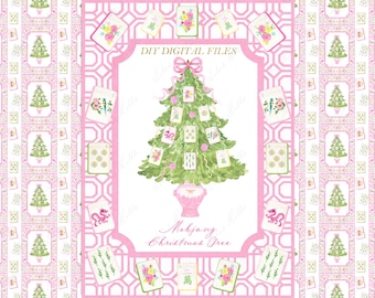Mahjong Christmas Tree Watercolor Clipart, Pink DIY Digital Paper (PNG)
