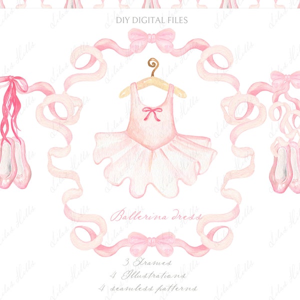 Ballerine Robe rose Baby shower Nœud rose et petites fleurs Grandmillennial rose tendre DIY Papier numérique Cadres Aquarelle Clipart