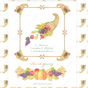 Clipart digitale fai da te di Ringraziamento Cornucopia. Cornici di carta digitali autunnali Modelli di biglietti