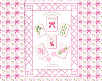 Pink Mahjong Set Clipart, Chinoiserie Wedding DIY (Digital)