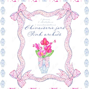 Chinoiserie blauwe pot roze orchideeënstrik. DIY digitale papieren fotolijsten aquarel clipart