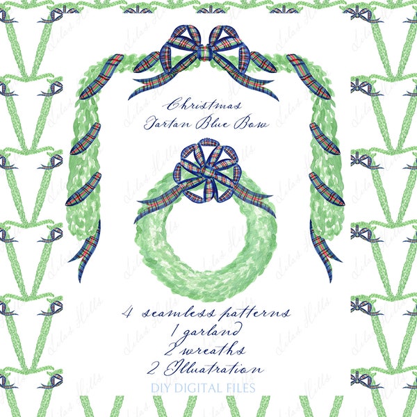 Christmas Tartan  Blue Bow and Greenery Wreath . DIY Digital Clipart. Digital paper Frames Christmas Garland