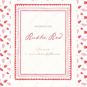 Vermelho Rústico. Clipart Digital DIY Romântico Dia dos Namorados. Molduras de papel digital