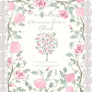 Chinoiserie Garden Toile roze bloemen en vogels. Aquarel DIY digitale clipart Grand millennial
