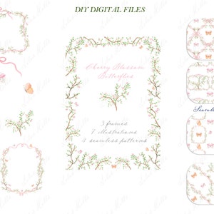 Kersenbloesem vlinders Chinoiserie, aquarel groen, roze lente tuin DIY digitale clipart. Digitale papierframes