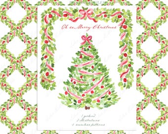 Oh So Merry Christmas Watercolor Clipart: Bow, Wreath, Frames (Digital Download)