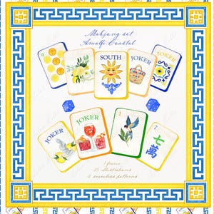 May include: A watercolor illustration of a Mahjong set with Amalfi Coastal theme. The set includes various tiles with images of lemons, flowers, and a sun. The design features blue dice and a decorative border in blue and yellow.