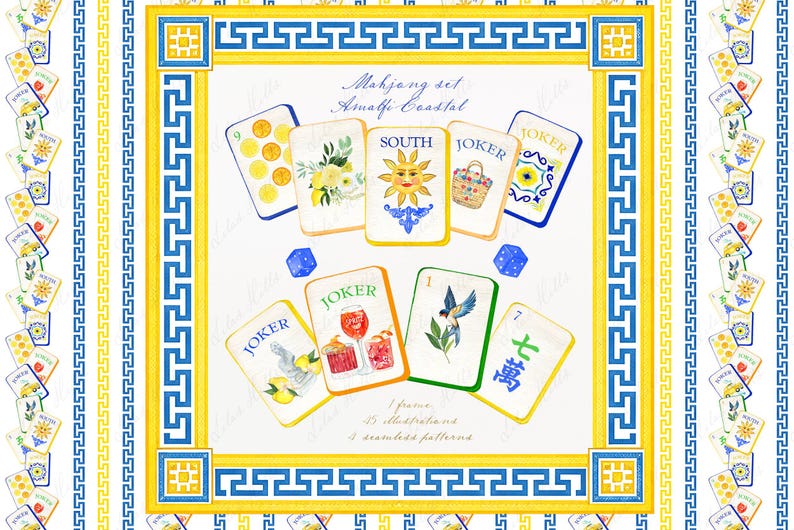 May include: A watercolor illustration of a Mahjong set with Amalfi Coastal theme. The set includes various tiles with images of lemons, flowers, and a sun. The design features blue dice and a decorative border in blue and yellow.