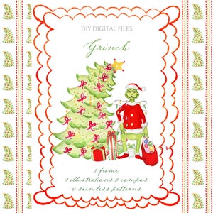 Puede incluir: Un conjunto de archivos digitales descargables que incluye ilustraciones del Grinch con un traje de Papá Noel de pie junto a un árbol de Navidad. El conjunto incluye un marco, ilustraciones, composiciones y patrones sin costuras.