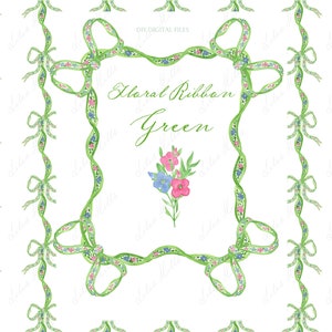 Flower Ribbon Green Blue Pink Baby shower Blue bow and little flowers Grandmillennial  soft pink  blue DIY Digital paper Frames