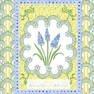 May include: A decorative floral print featuring blue grape hyacinth flowers in a white frame with a yellow background. The frame is surrounded by a blue border with a dotted pattern. The background has a repeating pattern of yellow and green.