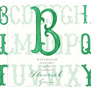 Monograma de boda PNG Florecer Letras de caligrafía vintage para cresta DIY Verde Digital Acuarela Clipart