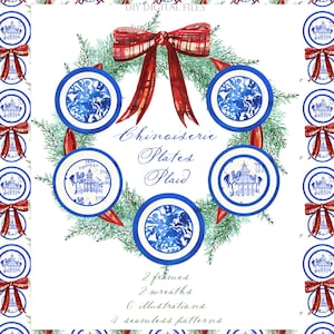 Platos azules estilo chinoiserie con lazo a cuadros para Navidad. Marcos de papel digital para hacer tú mismo. Clipart de acuarela