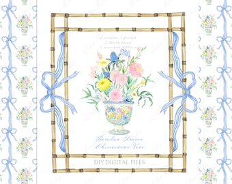Chinoiseries Jar Bamboo Frame , Blue Pink Watercolor Flowers DIY Digital Clipart. Digital paper Frames