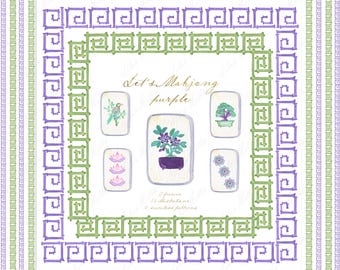 Mahjong Watercolor Clipart: Chinoiserie Frames, Digital Paper (DIY)