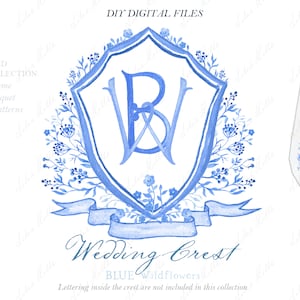 Wedding Family Crest DIY Blue Wildflowers Digital papers Watercolor Clipart