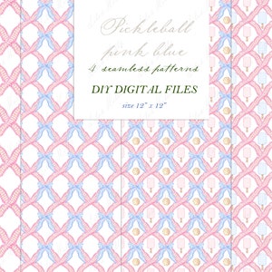 May include: Four digital seamless patterns featuring a pink and blue pickleball paddle, ball, and bow design. The patterns are 12 inches by 12 inches.