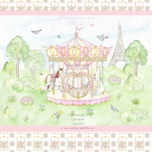 Carosello Parigi rosa Vintage colori pastello Baby shower Grandmillennial morbido verde fai da te cornici di carta digitale acquerello Clipart