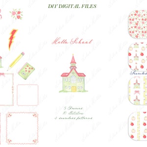 May include: A digital download of watercolor illustrations for school-themed crafts. The set includes a schoolhouse, apples, pencils, a book, frames, and seamless patterns. The text "Hello School" is included in the image.