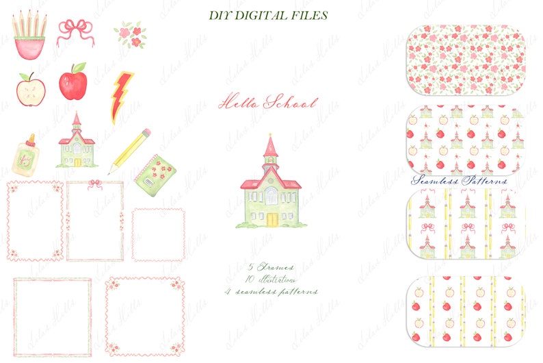 May include: A digital download of watercolor illustrations for school-themed crafts. The set includes a schoolhouse, apples, pencils, a book, frames, and seamless patterns. The text "Hello School" is included in the image.