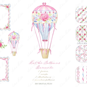 Balões de ar quente românticos Coração Dia dos Namorados Grand Millennial Rosa Azul Vintage DIY Clipart digital Papel digital Molduras de aquarela