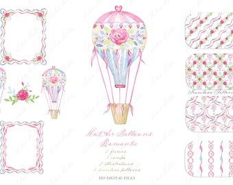 Watercolor Hot Air Balloon Clipart: Valentines, Floral Frames (Digital Download)