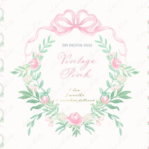 Vintage roze strik groen DIY digitale clipart. Digitale papieren fotolijsten bruiloft clipart