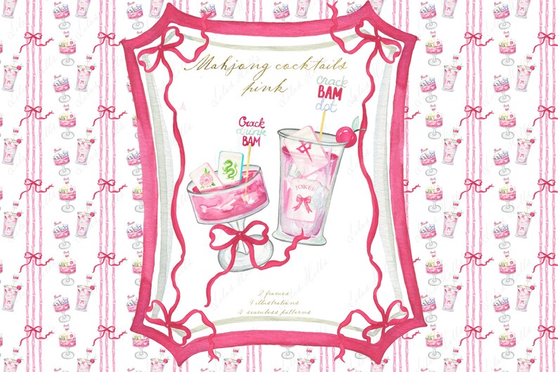 Puede incluir: Ilustraci&oacute;n en acuarela de c&oacute;cteles rosas de Mahjong. La imagen presenta un c&oacute;ctel en un vaso alto con una cereza y un c&oacute;ctel en un cuenco peque&ntilde;o con fichas de Mahjong. El fondo tiene un patr&oacute;n repetido de c&oacute;cteles y lazos.