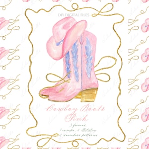 Howdy roze cowboylaarzen. Vintage doe-het-zelf digitale clipart. Digitale papieren kaders Kaartsjablonen