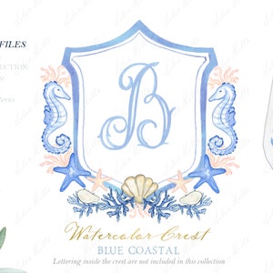 Kust blauwe bruiloft familie Crest DIY stoffige blauwe zeeschelp zee ster digitale papieren aquarel clipart