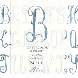 Letras de aquarela para monograma PNG caligrafia letras de script para crista DIY azul digital aquarela clipart