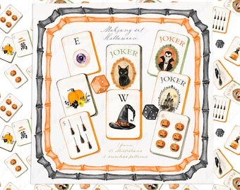 May include: A Halloween-themed mahjong set digital illustration featuring rectangular tiles with various spooky motifs including a black cat, vampire, haunted house, pumpkins, witch hat, and broomsticks, framed by orange and grey bamboo borders.