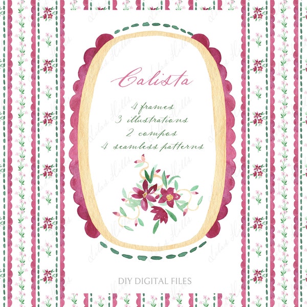 Calista Baby shower Floral Grandmillennial  burgundy pink DIY Digital paper Frames Watercolor Clipart