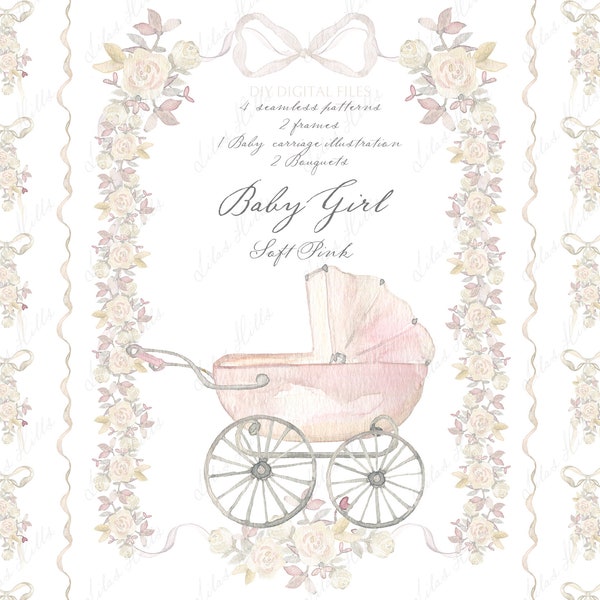 Baby Shower Clipart Soft Pink Watercolor Baby carriage, Digital papers DIY