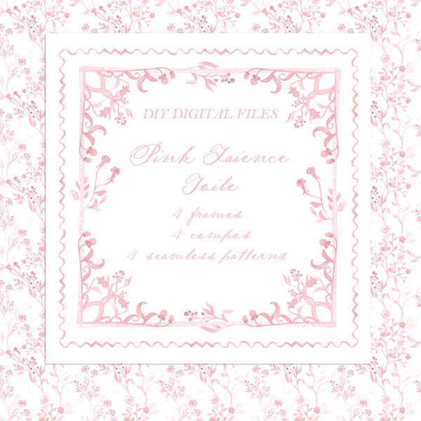 Pink Faience Toile  Vintage  DIY Digital paper Frames Watercolor Clipart