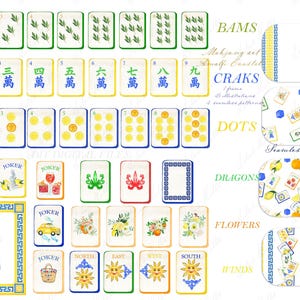 May include: A collection of illustrated Mahjong tiles and patterns. The tiles feature various suits, including Bams, Craks, and Dots, with floral and sun designs. The image also includes dice and decorative borders.