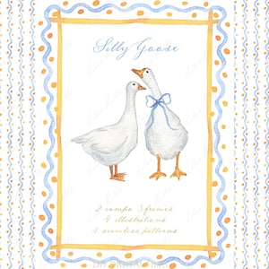 Silly Goose DIY Digital Toile Papel verde Molduras White Goose Aquarela Clipart Grand millennial