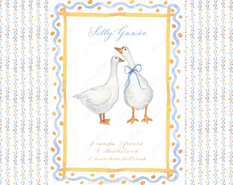Silly Goose DIY Digital Toile Greenery paper Frames  White Goose Watercolor Clipart Grand millennial