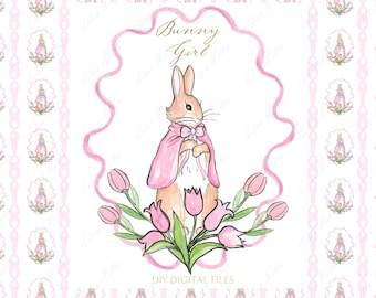 Bunny Girl Pink Bow Birthday Tulip flowers  Rabbit Girl DIY Digital  Greenery paper Frames Watercolor Clipart Grand millennial